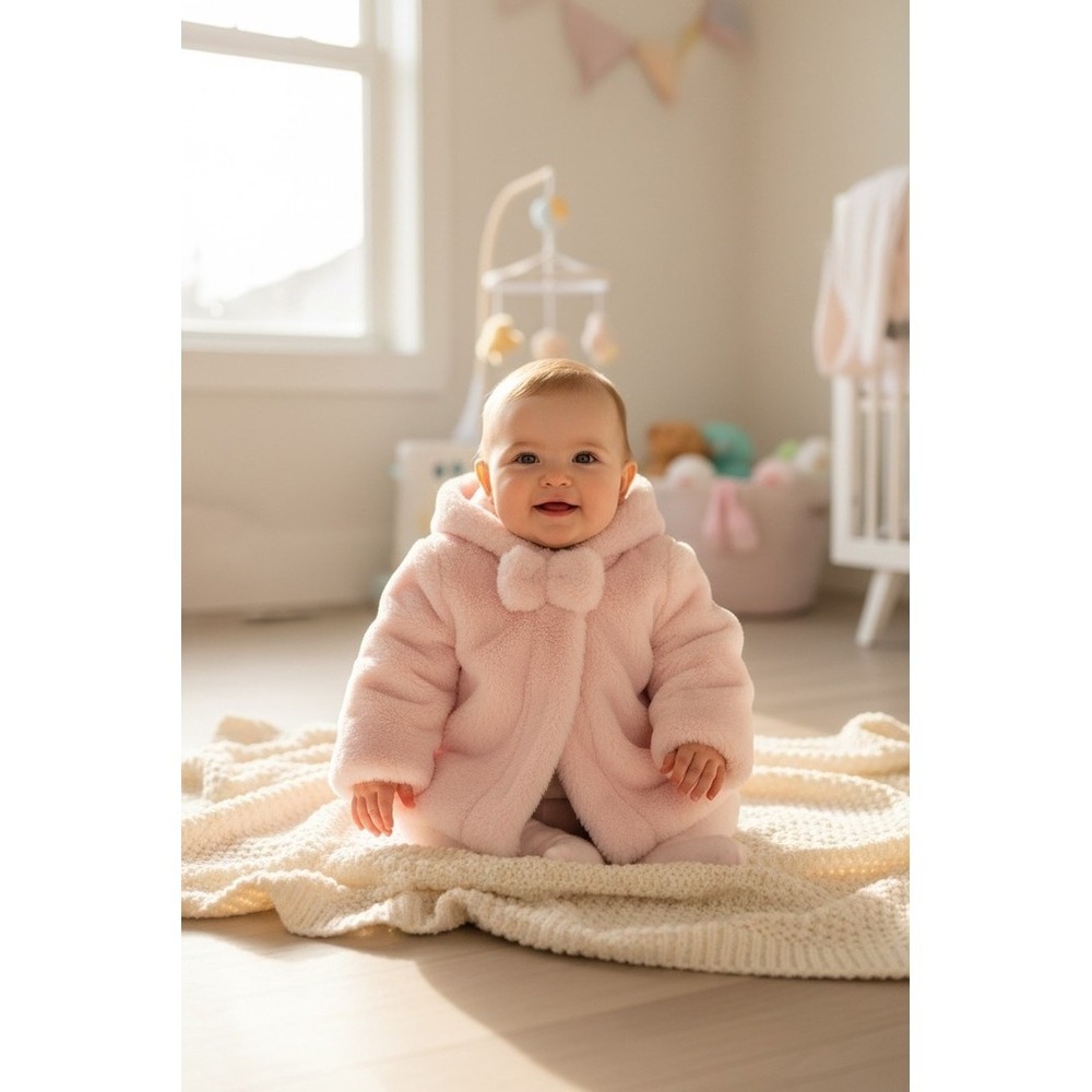 Little Me Baby Girls Hooded Coat‎ Jacket Pink Snap Front Bow Size 6M cozycore